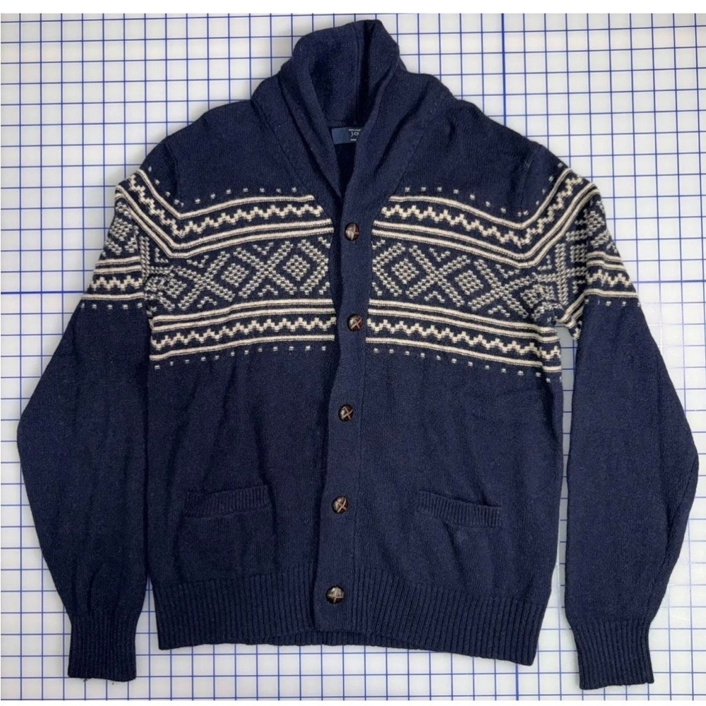Vintage J.Crew 💯 Lambswool Handknit Navy Shawl Collar Fair isle sweat
